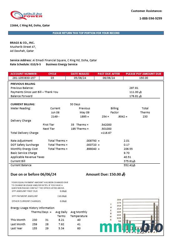 Szablon rachunku za energię elektryczną firmy Qatar Power Company w formatach Word i PDF